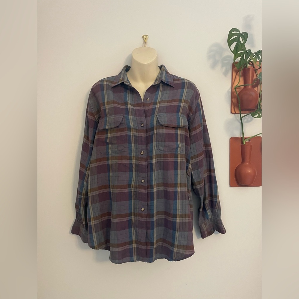 Vintage Gap Clothing Co Plaid Button Down Medium Purple Blue